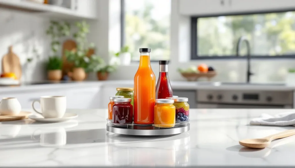 eine köchin erklärt, wie ein drehbarer soßen-organizer ordnung und effizienz in ihrer küche bringt und den kochalltag revolutioniert.